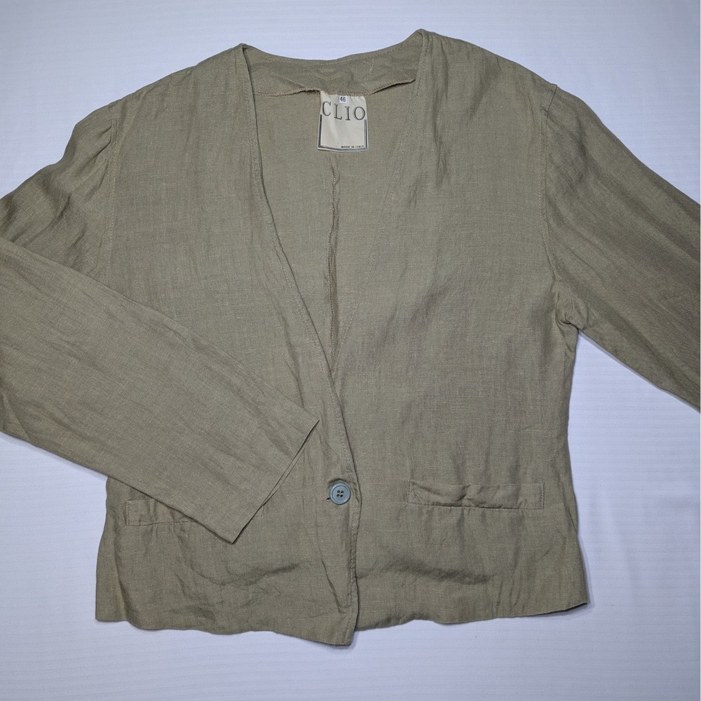 Clio Women Vintage Italian Collarless 100% Linen Blazer Jacket 46 Medium Taupe